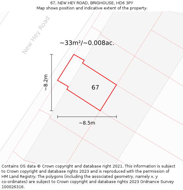 67, NEW HEY ROAD, BRIGHOUSE, HD6 3PY: Plot and title map