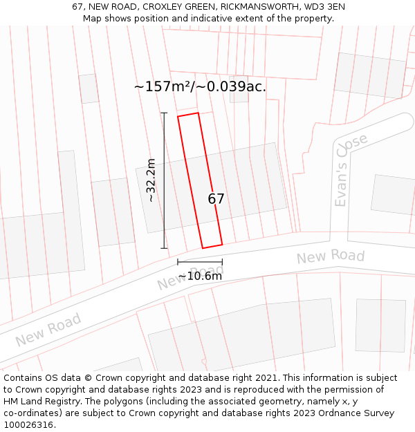 67, NEW ROAD, CROXLEY GREEN, RICKMANSWORTH, WD3 3EN: Plot and title map