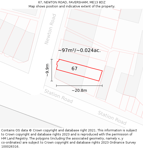67, NEWTON ROAD, FAVERSHAM, ME13 8DZ: Plot and title map
