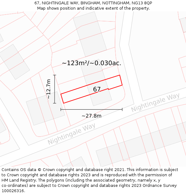 67, NIGHTINGALE WAY, BINGHAM, NOTTINGHAM, NG13 8QP: Plot and title map