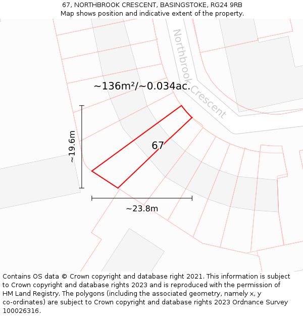 67, NORTHBROOK CRESCENT, BASINGSTOKE, RG24 9RB: Plot and title map