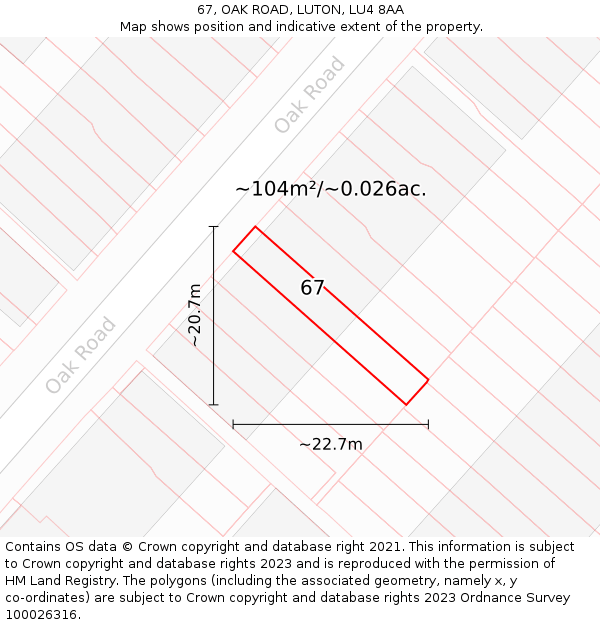 67, OAK ROAD, LUTON, LU4 8AA: Plot and title map