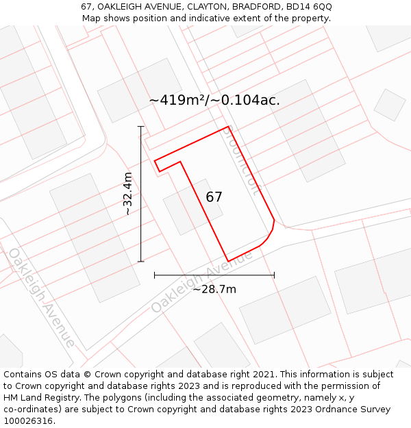 67, OAKLEIGH AVENUE, CLAYTON, BRADFORD, BD14 6QQ: Plot and title map