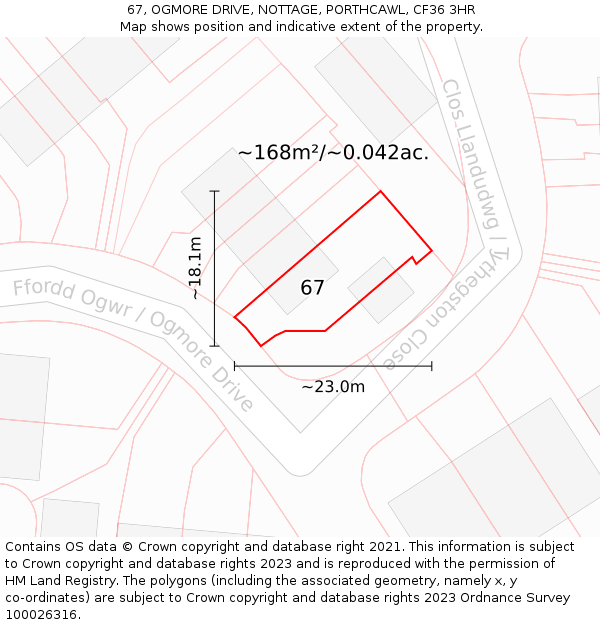 67, OGMORE DRIVE, NOTTAGE, PORTHCAWL, CF36 3HR: Plot and title map
