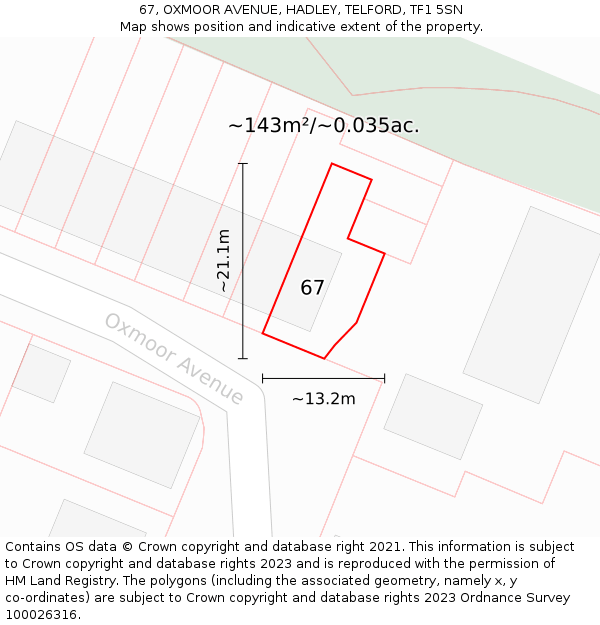 67, OXMOOR AVENUE, HADLEY, TELFORD, TF1 5SN: Plot and title map