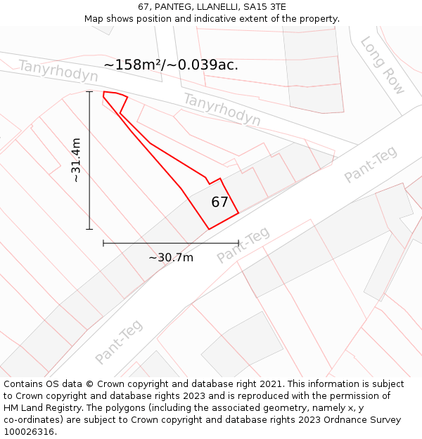 67, PANTEG, LLANELLI, SA15 3TE: Plot and title map