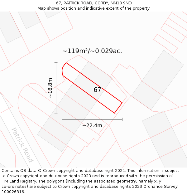 67, PATRICK ROAD, CORBY, NN18 9ND: Plot and title map