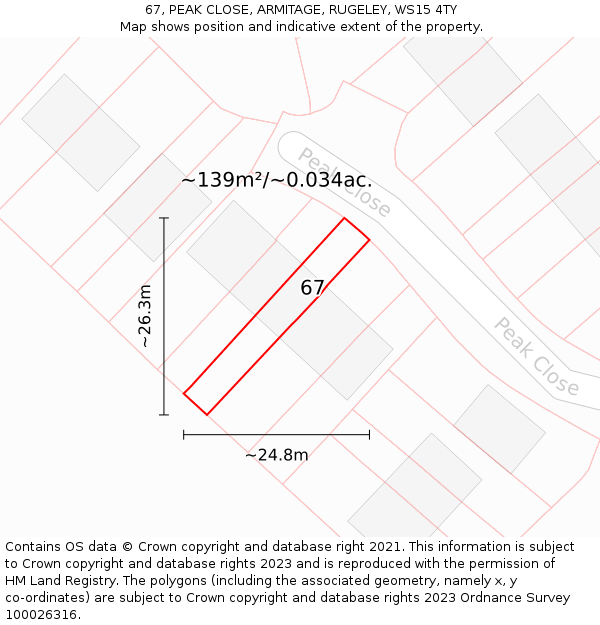 67, PEAK CLOSE, ARMITAGE, RUGELEY, WS15 4TY: Plot and title map