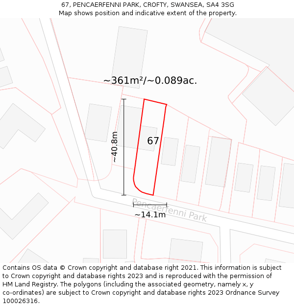 67, PENCAERFENNI PARK, CROFTY, SWANSEA, SA4 3SG: Plot and title map