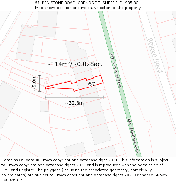 67, PENISTONE ROAD, GRENOSIDE, SHEFFIELD, S35 8QH: Plot and title map