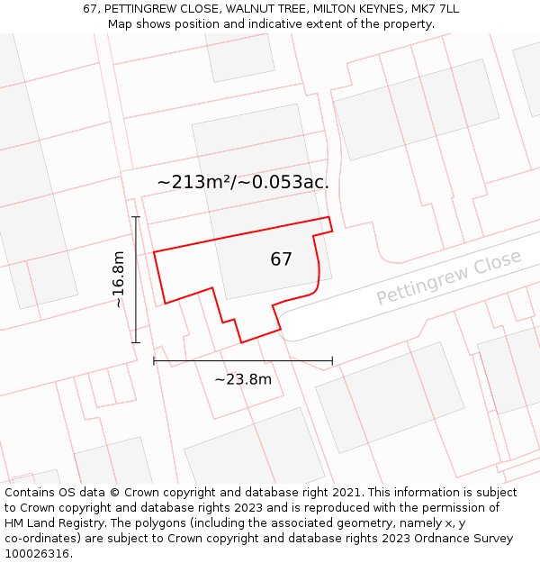 67, PETTINGREW CLOSE, WALNUT TREE, MILTON KEYNES, MK7 7LL: Plot and title map
