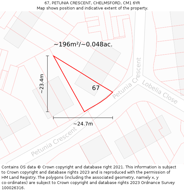 67, PETUNIA CRESCENT, CHELMSFORD, CM1 6YR: Plot and title map