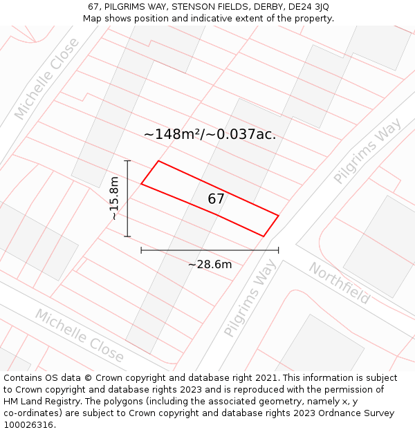 67, PILGRIMS WAY, STENSON FIELDS, DERBY, DE24 3JQ: Plot and title map