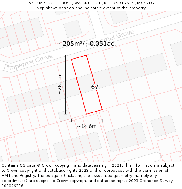 67, PIMPERNEL GROVE, WALNUT TREE, MILTON KEYNES, MK7 7LG: Plot and title map