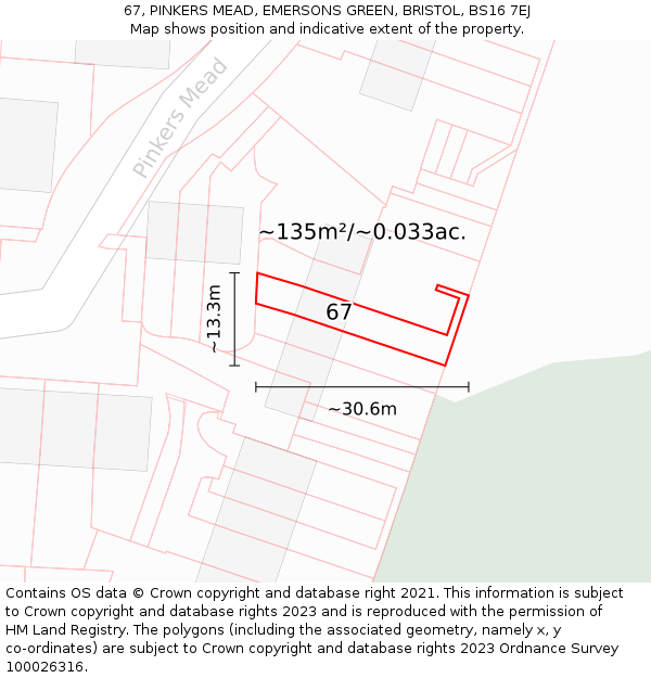 67, PINKERS MEAD, EMERSONS GREEN, BRISTOL, BS16 7EJ: Plot and title map