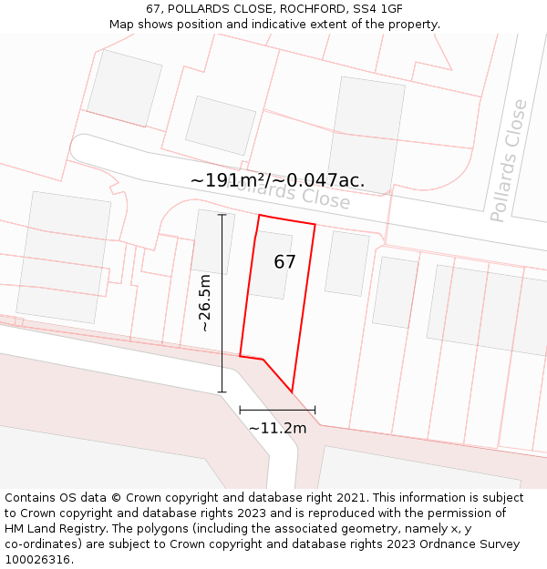 67, POLLARDS CLOSE, ROCHFORD, SS4 1GF: Plot and title map