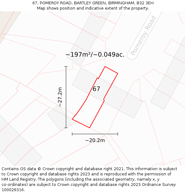 67, POMEROY ROAD, BARTLEY GREEN, BIRMINGHAM, B32 3EH: Plot and title map