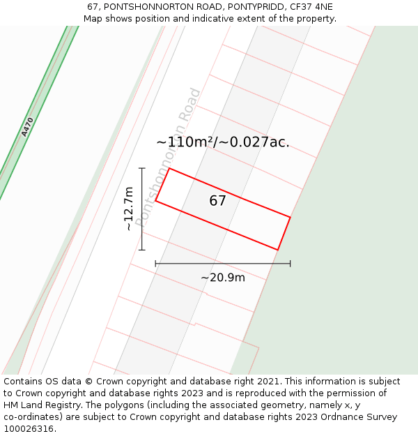 67, PONTSHONNORTON ROAD, PONTYPRIDD, CF37 4NE: Plot and title map