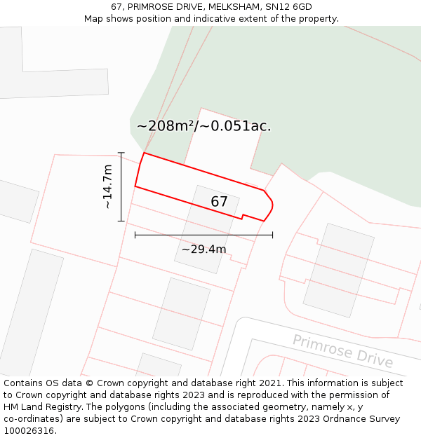 67, PRIMROSE DRIVE, MELKSHAM, SN12 6GD: Plot and title map