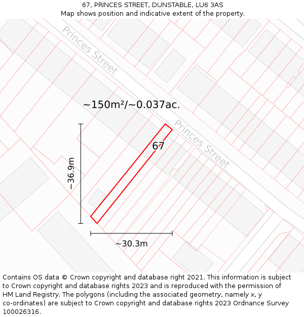 67, PRINCES STREET, DUNSTABLE, LU6 3AS: Plot and title map
