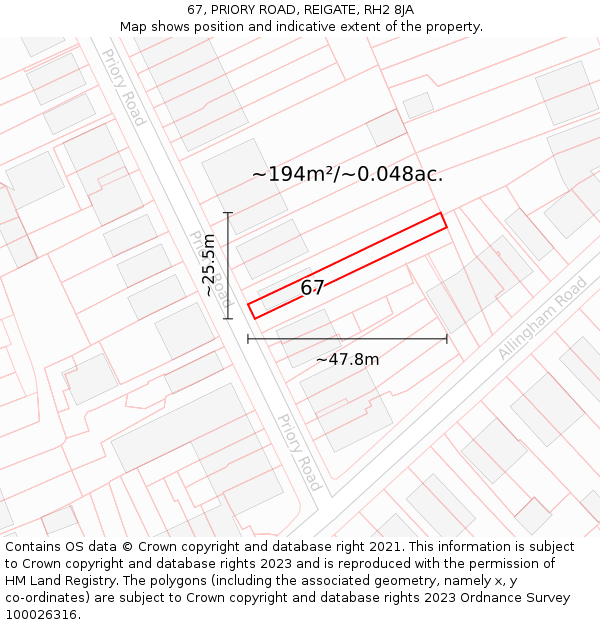 67, PRIORY ROAD, REIGATE, RH2 8JA: Plot and title map