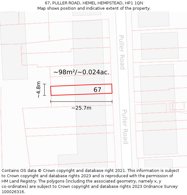 67, PULLER ROAD, HEMEL HEMPSTEAD, HP1 1QN: Plot and title map