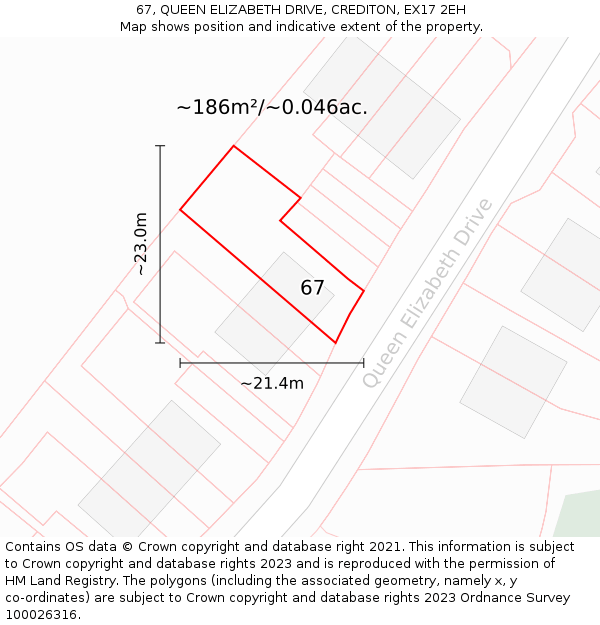 67, QUEEN ELIZABETH DRIVE, CREDITON, EX17 2EH: Plot and title map