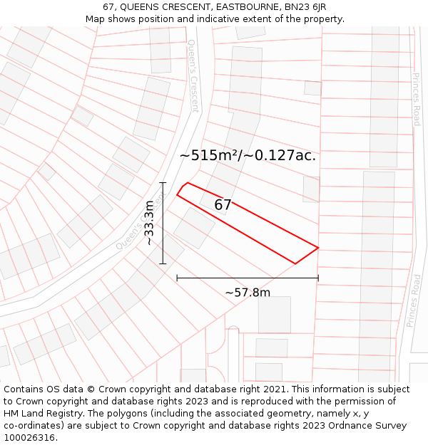 67, QUEENS CRESCENT, EASTBOURNE, BN23 6JR: Plot and title map