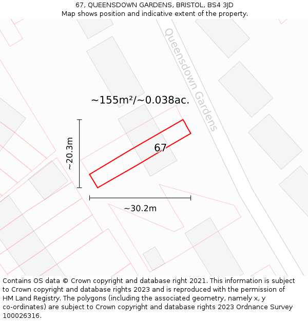 67, QUEENSDOWN GARDENS, BRISTOL, BS4 3JD: Plot and title map