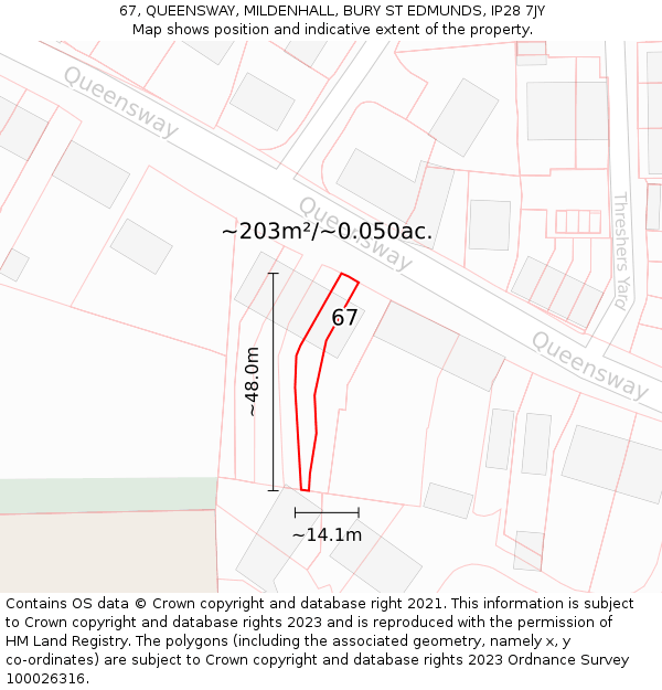 67, QUEENSWAY, MILDENHALL, BURY ST EDMUNDS, IP28 7JY: Plot and title map