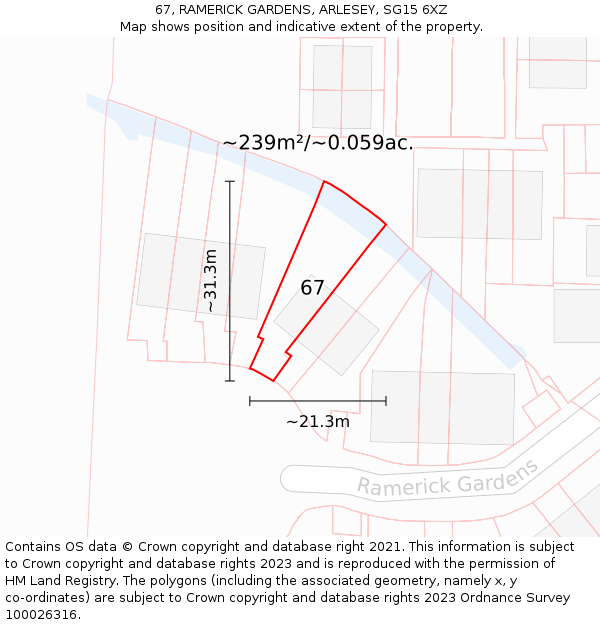 67, RAMERICK GARDENS, ARLESEY, SG15 6XZ: Plot and title map