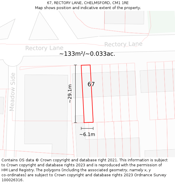 67, RECTORY LANE, CHELMSFORD, CM1 1RE: Plot and title map
