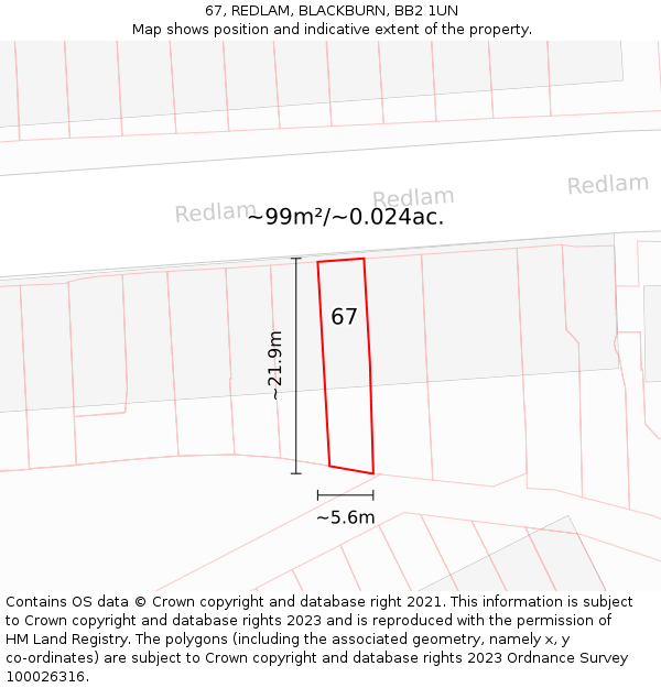 67, REDLAM, BLACKBURN, BB2 1UN: Plot and title map