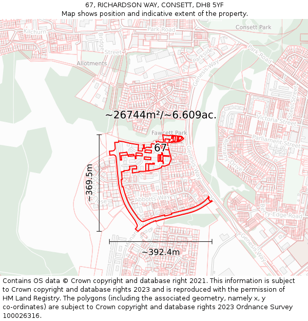 67, RICHARDSON WAY, CONSETT, DH8 5YF: Plot and title map