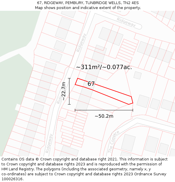 67, RIDGEWAY, PEMBURY, TUNBRIDGE WELLS, TN2 4ES: Plot and title map