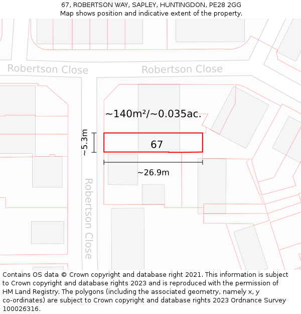67, ROBERTSON WAY, SAPLEY, HUNTINGDON, PE28 2GG: Plot and title map