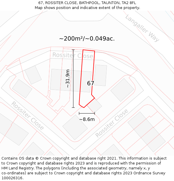 67, ROSSITER CLOSE, BATHPOOL, TAUNTON, TA2 8FL: Plot and title map