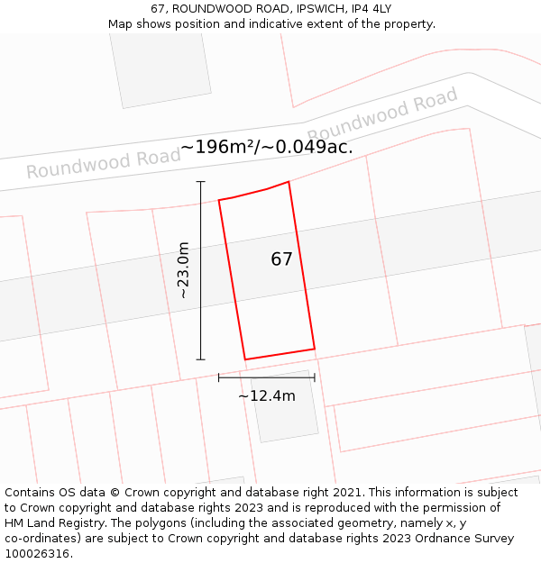 67, ROUNDWOOD ROAD, IPSWICH, IP4 4LY: Plot and title map
