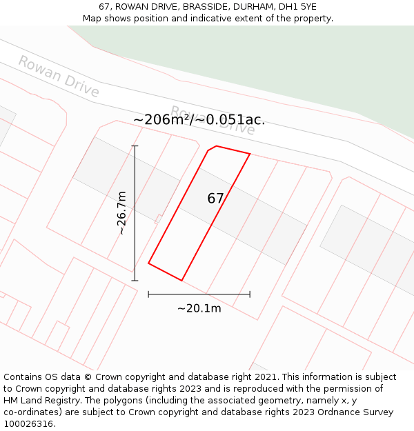 67, ROWAN DRIVE, BRASSIDE, DURHAM, DH1 5YE: Plot and title map