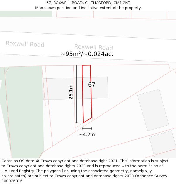 67, ROXWELL ROAD, CHELMSFORD, CM1 2NT: Plot and title map