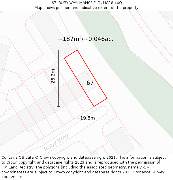 67, RUBY WAY, MANSFIELD, NG18 4XQ: Plot and title map