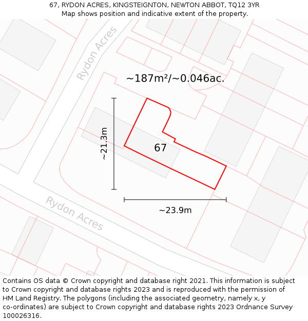67, RYDON ACRES, KINGSTEIGNTON, NEWTON ABBOT, TQ12 3YR: Plot and title map