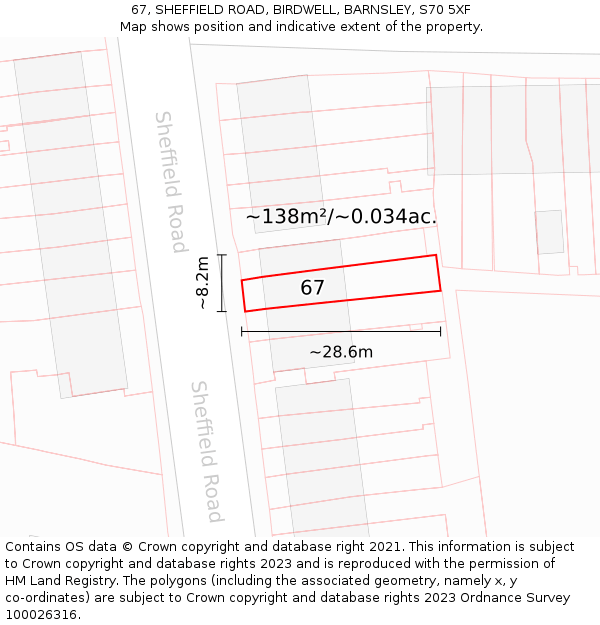67, SHEFFIELD ROAD, BIRDWELL, BARNSLEY, S70 5XF: Plot and title map