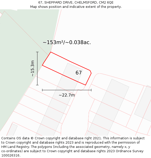 67, SHEPPARD DRIVE, CHELMSFORD, CM2 6QE: Plot and title map