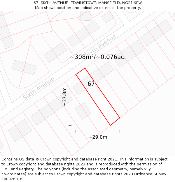 67, SIXTH AVENUE, EDWINSTOWE, MANSFIELD, NG21 9PW: Plot and title map