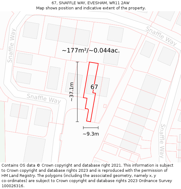 67, SNAFFLE WAY, EVESHAM, WR11 2AW: Plot and title map