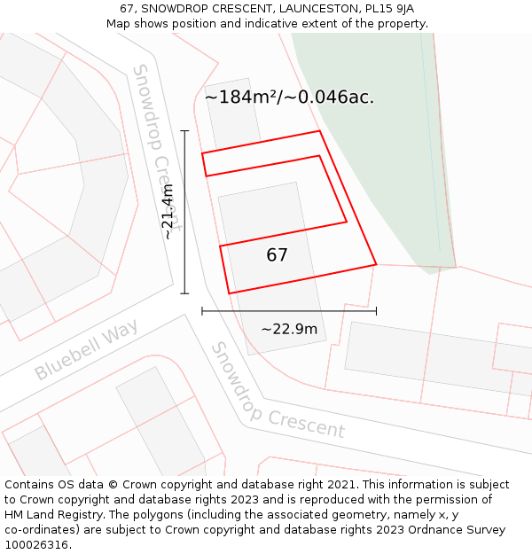 67, SNOWDROP CRESCENT, LAUNCESTON, PL15 9JA: Plot and title map