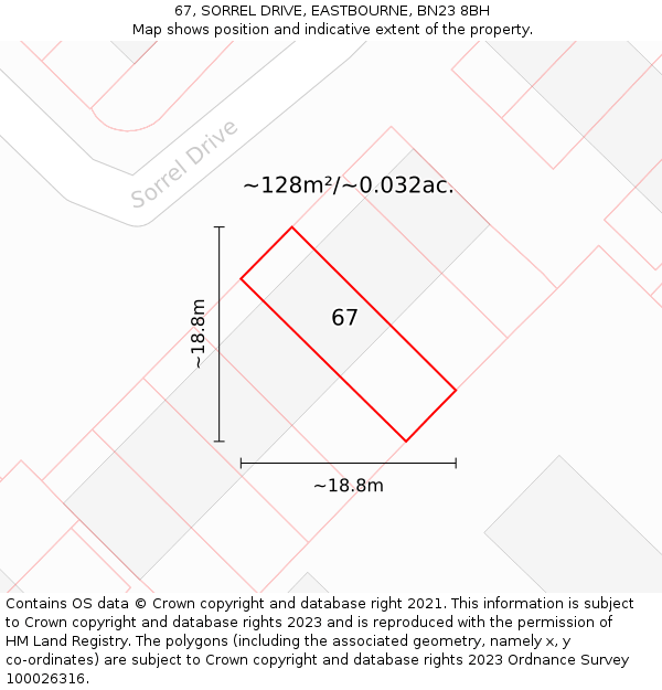 67, SORREL DRIVE, EASTBOURNE, BN23 8BH: Plot and title map