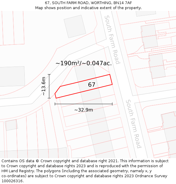 67, SOUTH FARM ROAD, WORTHING, BN14 7AF: Plot and title map