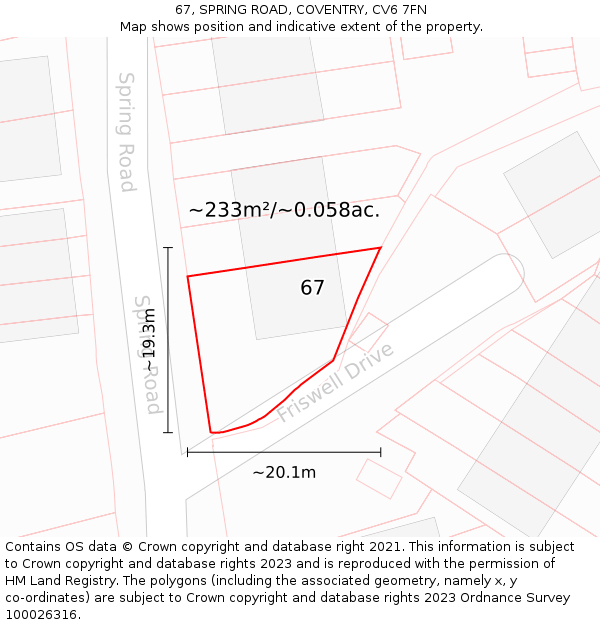 67, SPRING ROAD, COVENTRY, CV6 7FN: Plot and title map